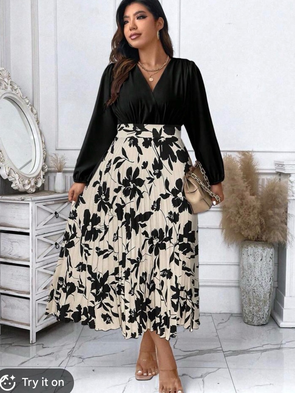 SHEIN Black & Cream Floral Pleated Midi Skirt